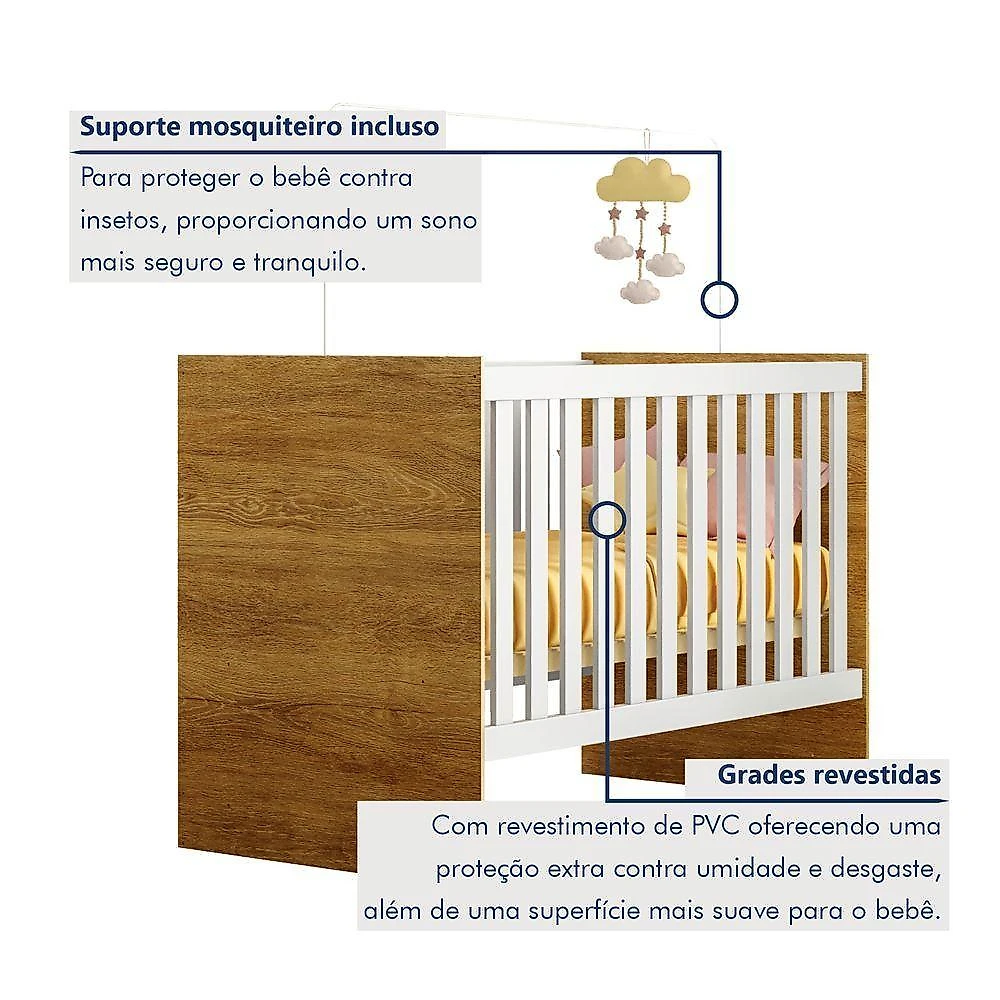 Quarto Bebê Life Berço Cômoda Guarda Roupa 3 Portas Colchão Branco Tigus Móveis