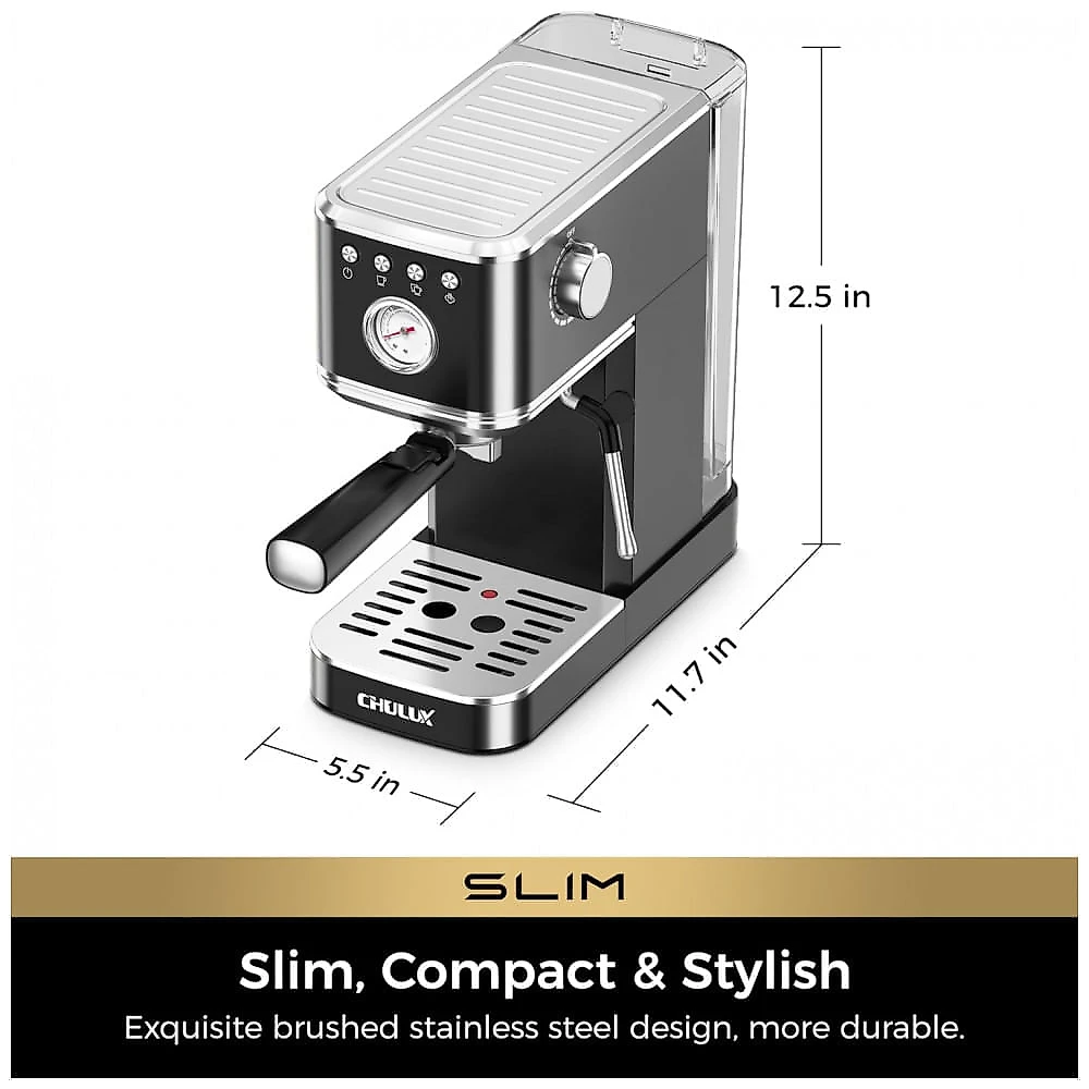 Cafeteira Espresso CHULUX Slim Automática 20 Bar, Vaporizador de Leite, 1,18L, Bomba Italiana, Aço Inox, Aquecimento Rápido, 110V - Preta