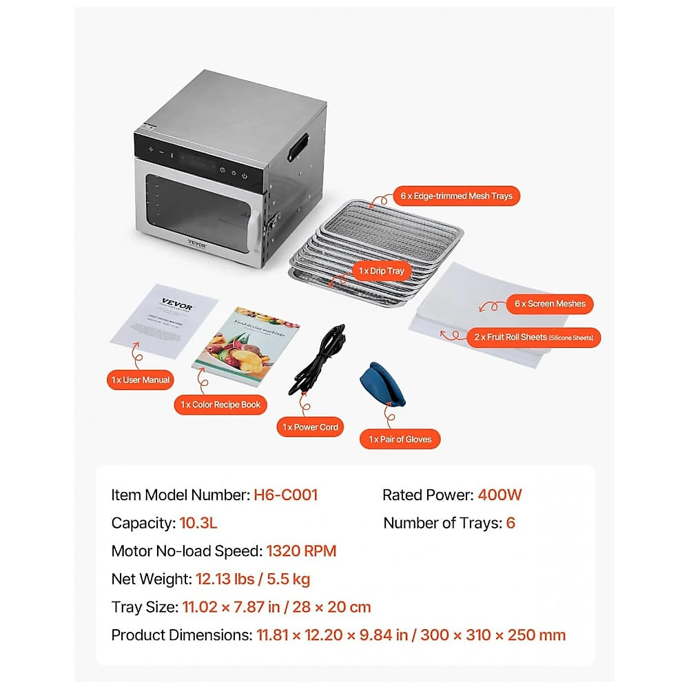 Desidratador de Alimentos VEVOR H6-C001 Prata 6 Bandejas Aço Inox 400W Timer 24h 240V