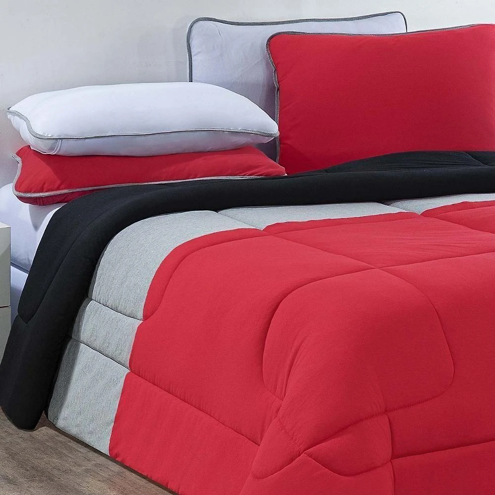 Kit Edredom Malha 100% Algodão Urbano 3 Peças King - Vermelho-mescla-preto