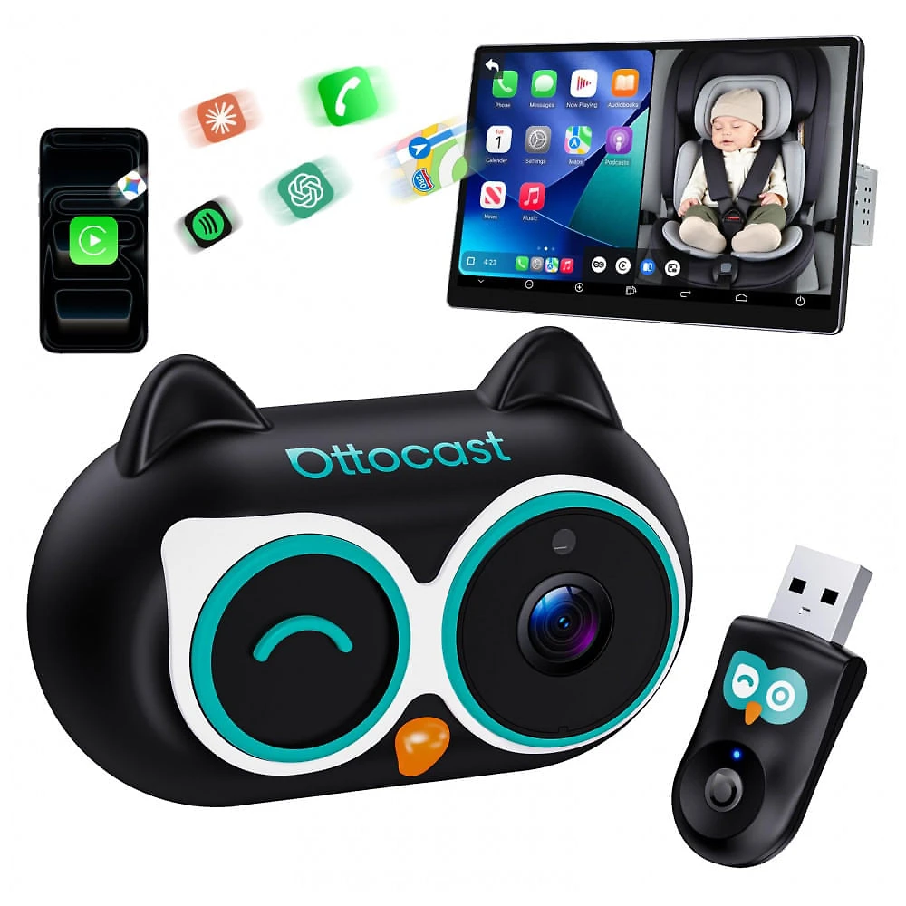 Câmera Automotiva para Bebê OTTOCAST Cabin Care CarPlay Sem Fio 1080P Visão Noturna 150° Preta 5V