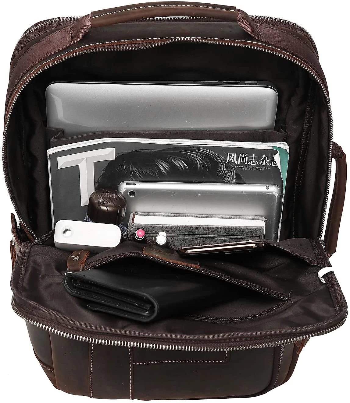 Lannsyne Mochila Unissex de Couro Genuíno para Laptop 40 cm Marrom