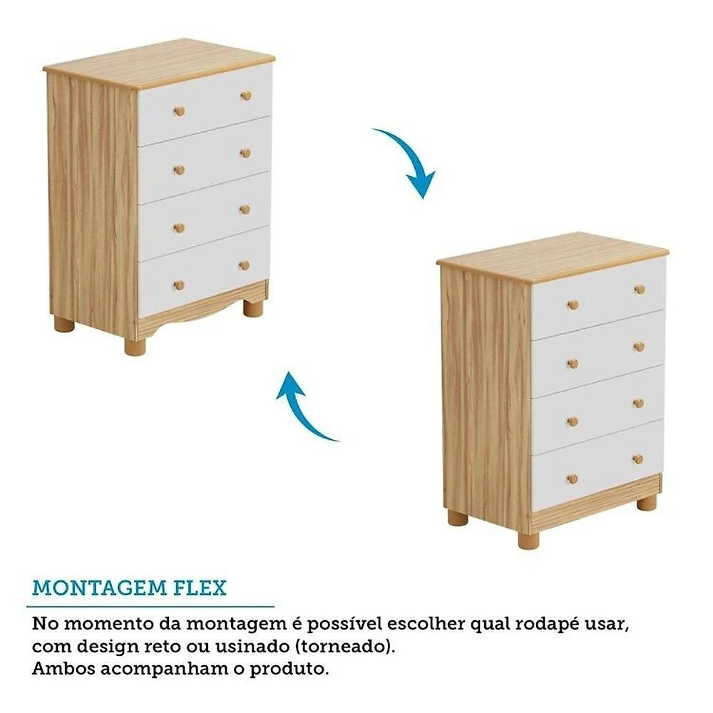 Quarto de Bebê Completo Berço Minicama Guarda-roupa 4 Portas e Cômoda 100% Mdf Nina Espresso Móveis Branco Brilho/Amêndoa