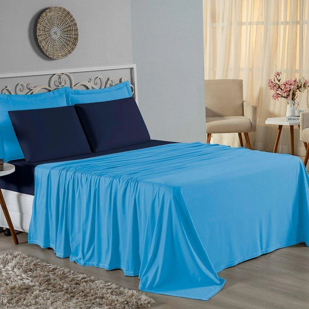 Jogo De Cama Casal Viúva Nobre 4 Peças Malha 100% Algodão - Turquesa / Azul-marinho