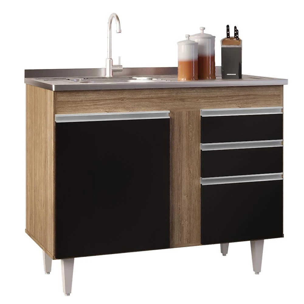 Armário Aéreo Indiana E Balcão Gabinete 100cm Com Pia Inox Luziania Castanho-preto - Lumil