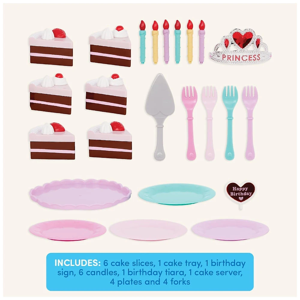Battat Play Circle - Bolo de Aniversário Comida de Brinquedo - Acessórios com Pratos e Velas Brinquedo de Faz de Conta - Festa de Princesa(24 Peças)