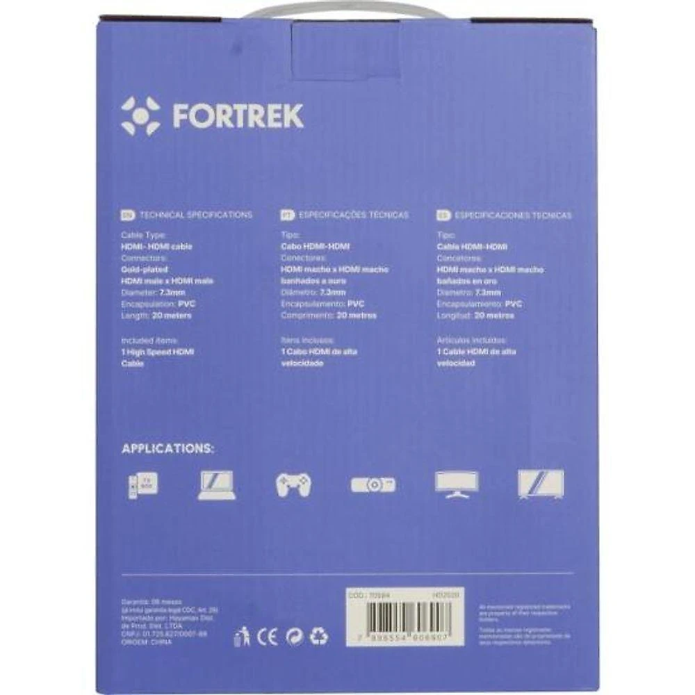 Cabo HDMI HD2020 2.0 4K 20 METROS com Filtro Conectores HDMI Macho Fortrek