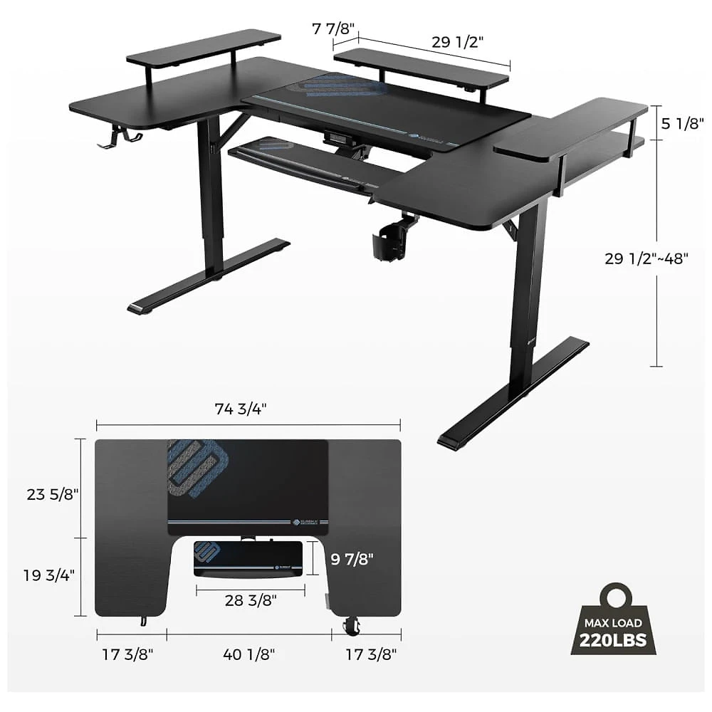 Miniatura Mesa Gamer Ergonômica  74" 187 cm com Altura Ajustável, Ganchos para Fones de Ouvido, Prateleiras Conversíveis e Suporte para Monitor, 110V, EUREKA 110v