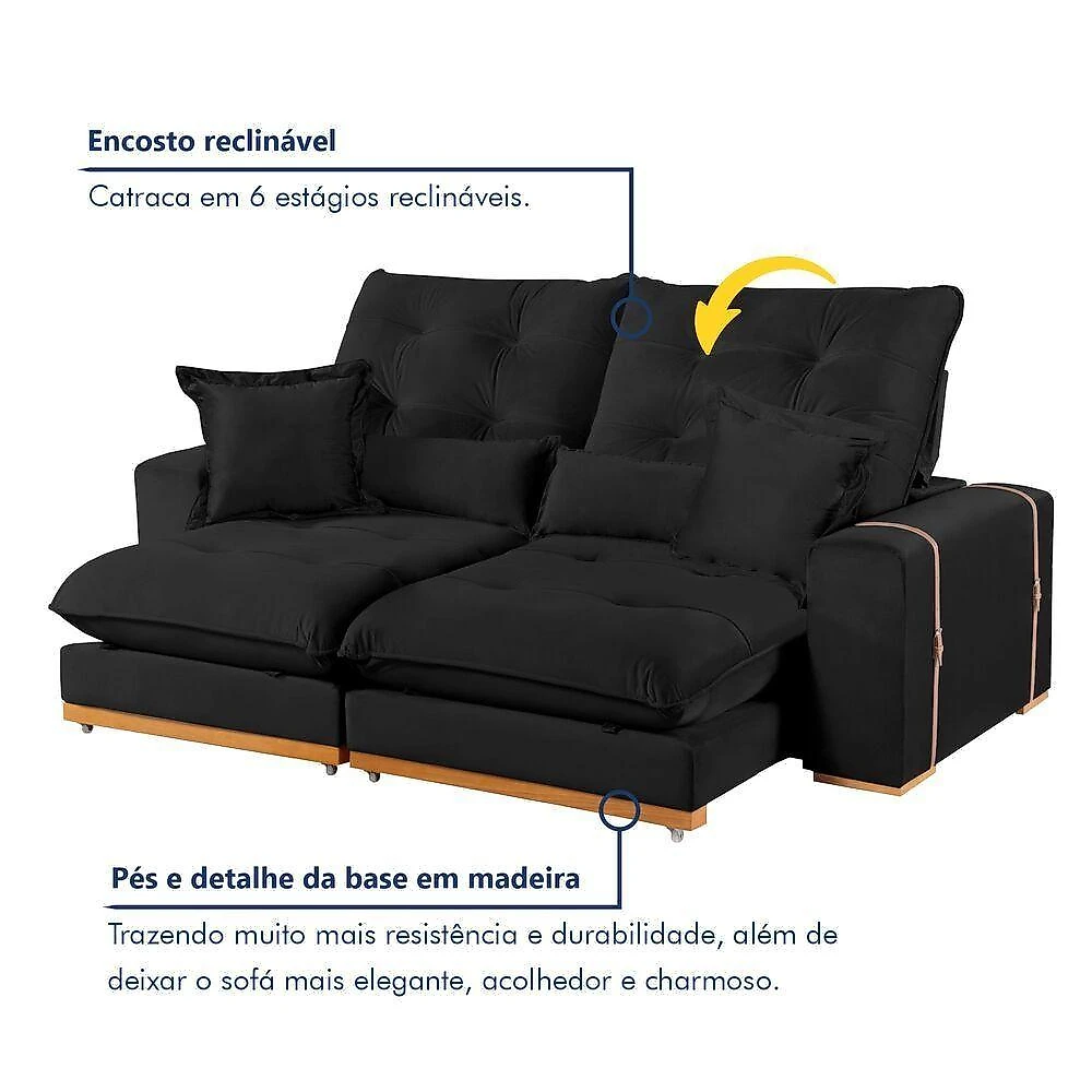 Sofá Milano 5 Lugares Retrátil e Reclinável 290CM Preto Veludo