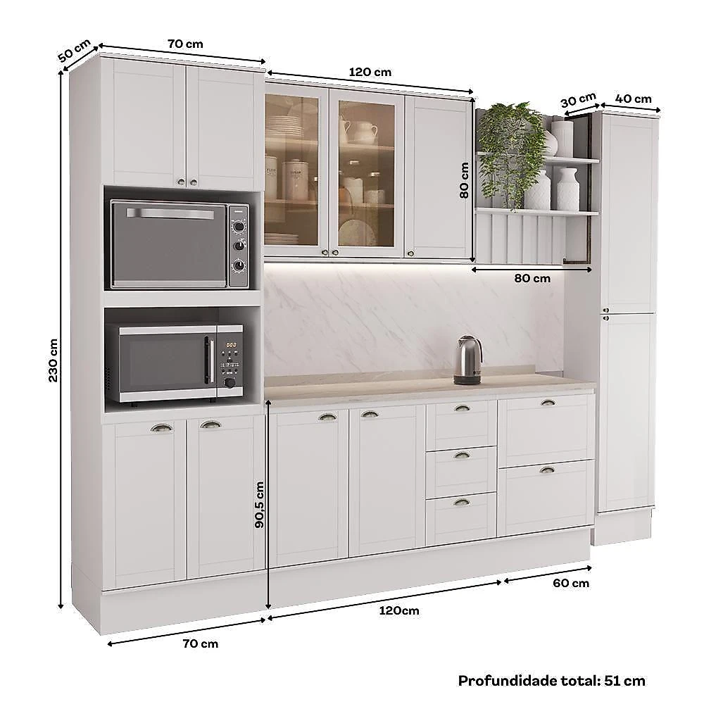 Cozinha Milla Hope 11 Portas 5 Gavetas MDF 310CM Branca Móveis Carraro webcontinental-7893455163337