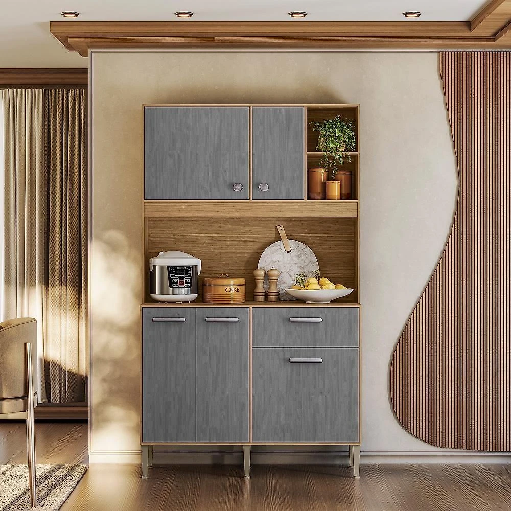 Armário De Cozinha Compacto Liv 5 Portas 1 Gaveta Com Nicho Decorativo 1,20m - Freijó/gris