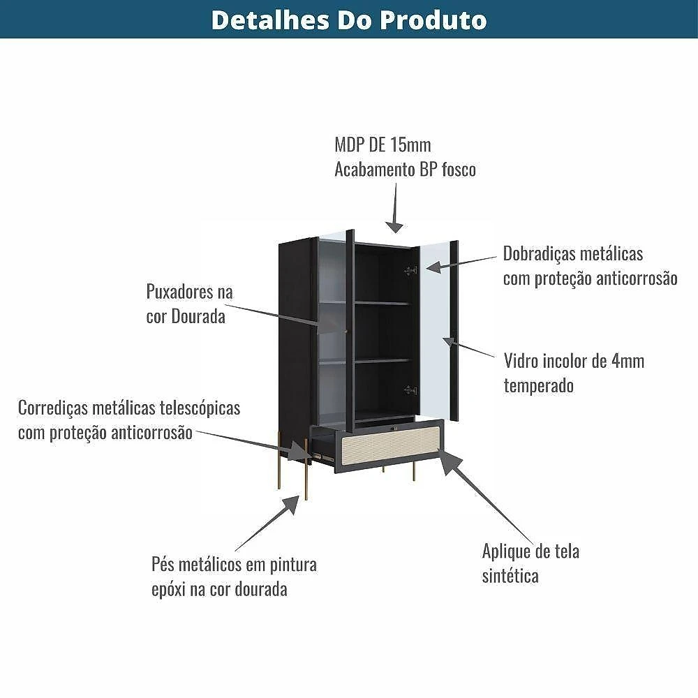 Cristaleira 2 Portas Oslo Artesano 83 Cm (larg) Mdp Nero Palha Sintética Bege E Pés Metal Dourado