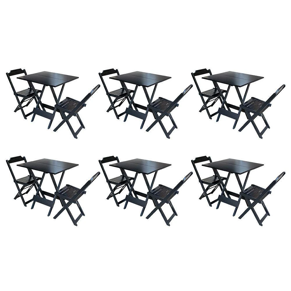 Kit 6 Jogos De Mesa Dobravel Com 2 Cadeiras De Madeira 70x70 Ideal Para Bar E Restaurante - Preto