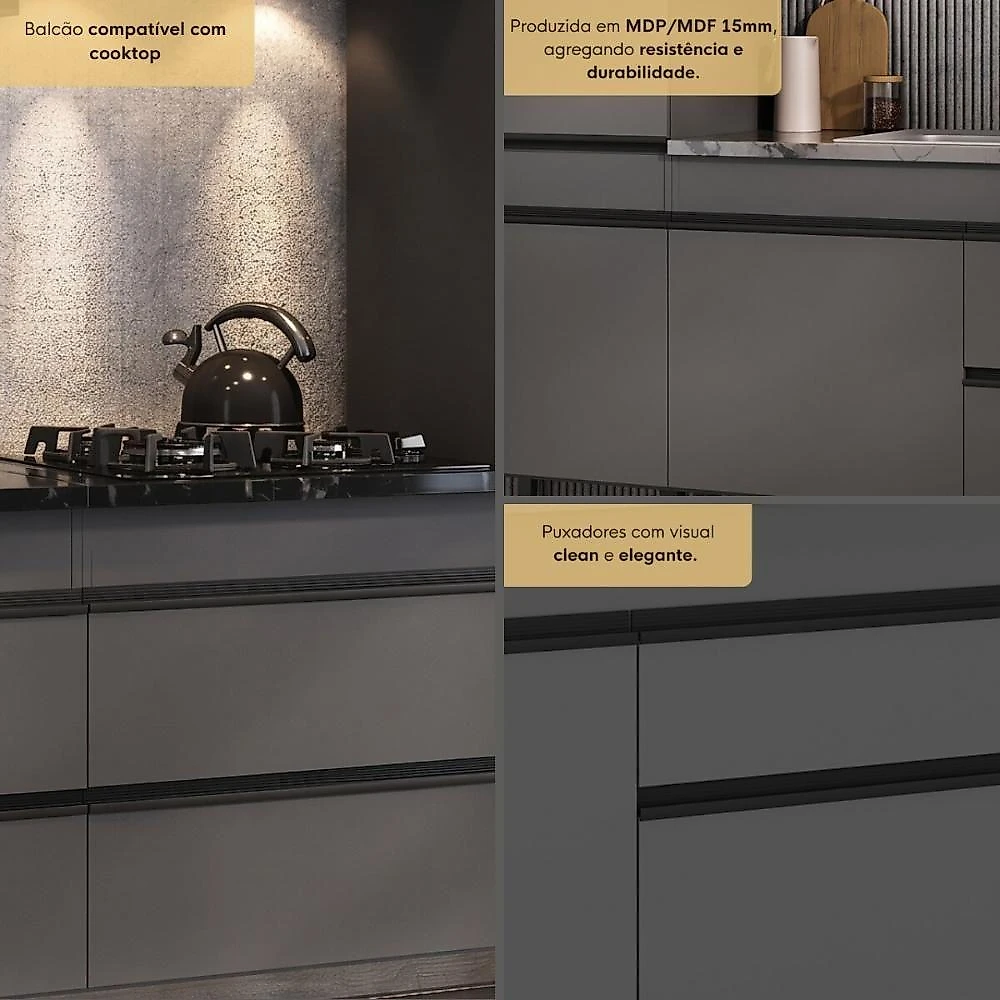 Cozinha Modulada Suspensa Milano MP2409 8 Portas 2 Gavetas 251,5cm Cinza Grafite Multimóveis