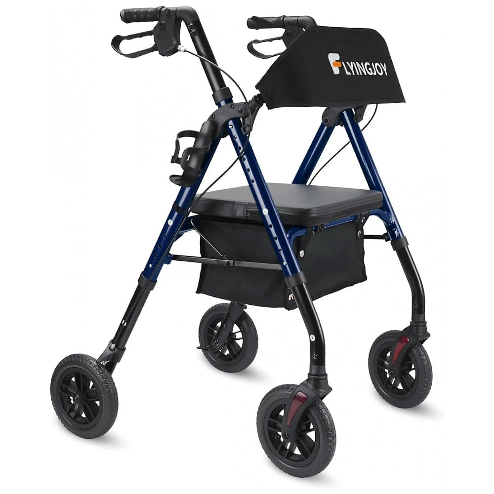 Andador para Idoso Dobrável até 136kg com Assento, Encosto Extra Largo e Suporte para Bengala, FlyingJoy, Azul