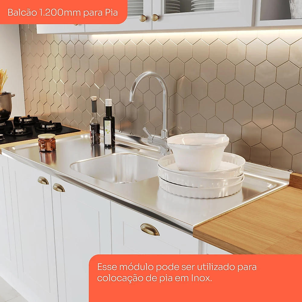 Balcão Pia 120 Cm 2 Portas E 3 Gavetas Com Tampo Para Cozinha Americana Henn Branco HP