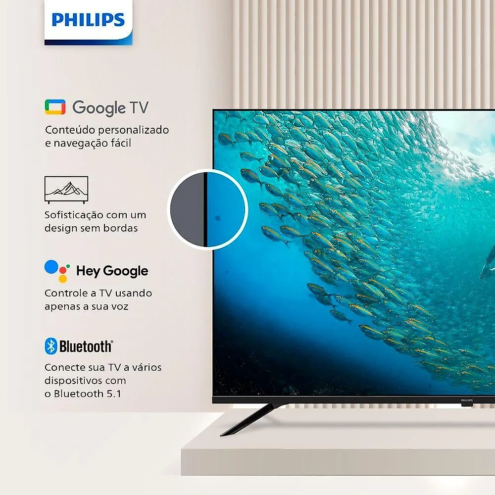 Smart tv led 50" ultra hd 4k philips 50pug7019 com google tv, comando de voz, wi-fi, entradas hdmi e usb
