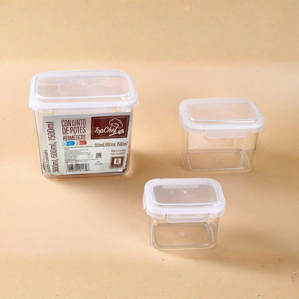 Conjunto com 3 Potes Herméticos Térmicos para Alimentos Travas Laterais Empilhável Top Rio Comercial