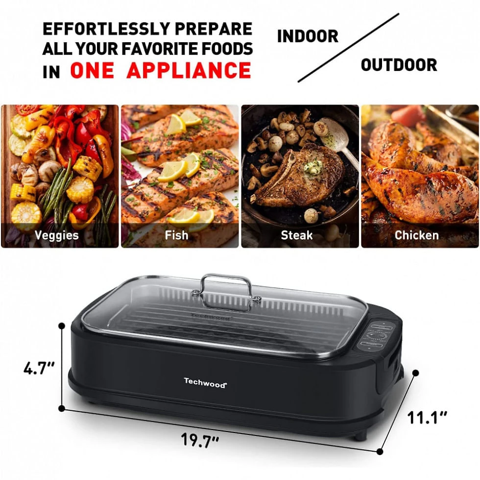 Miniatura Churrasqueira Grill Elétrica com Tampa de Vidro Temperado e Placa Antiaderente, 110V 1500W, Techwood, Preta
