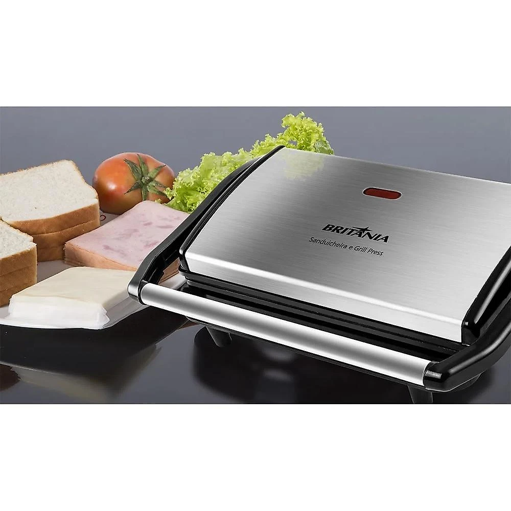 Sanduicheira Grill Britânia Press em Inox, 850 Watts 110 Volts