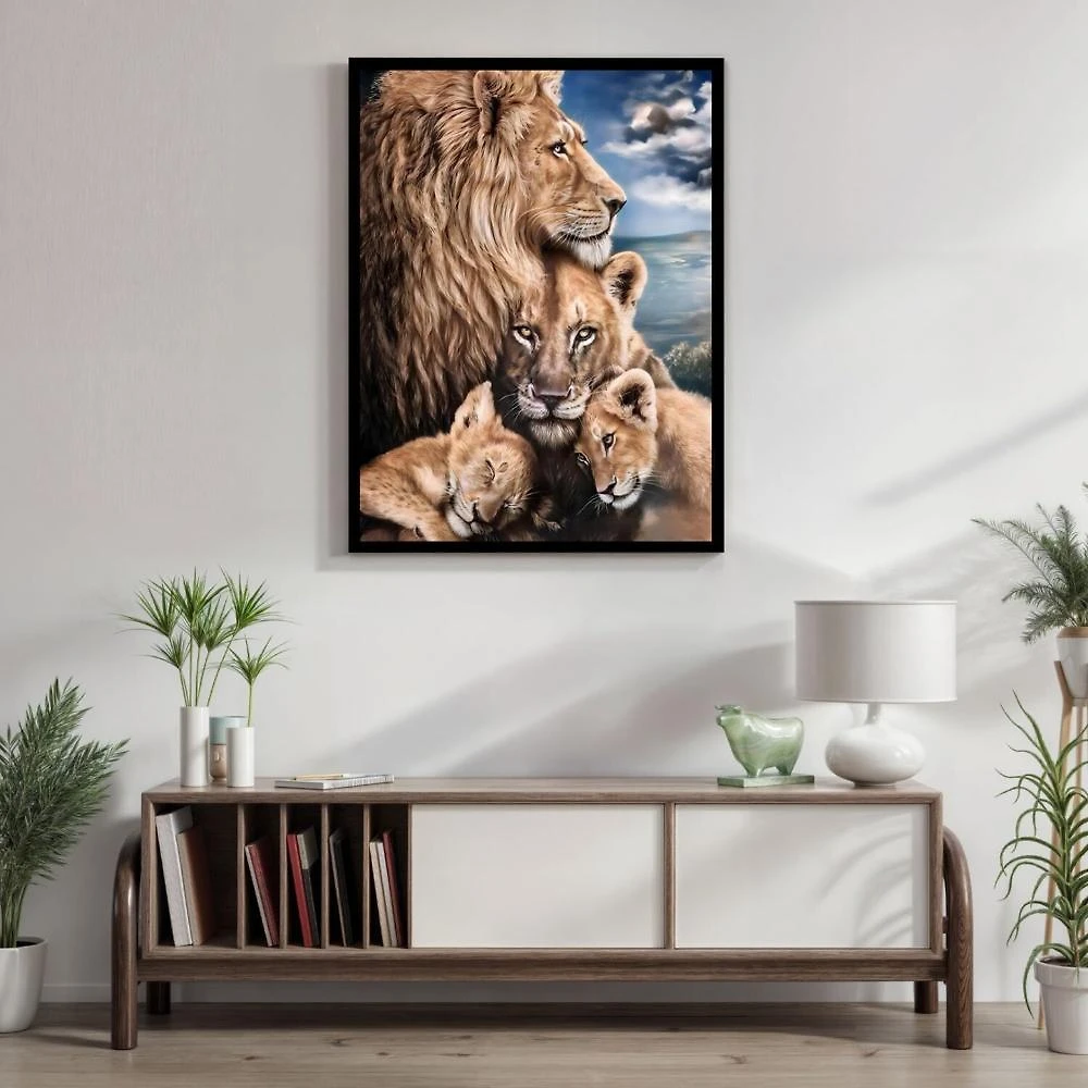 Miniatura Quadro Decorativo Leão Leoa e Filhotes Animal 005 40cmx60cm