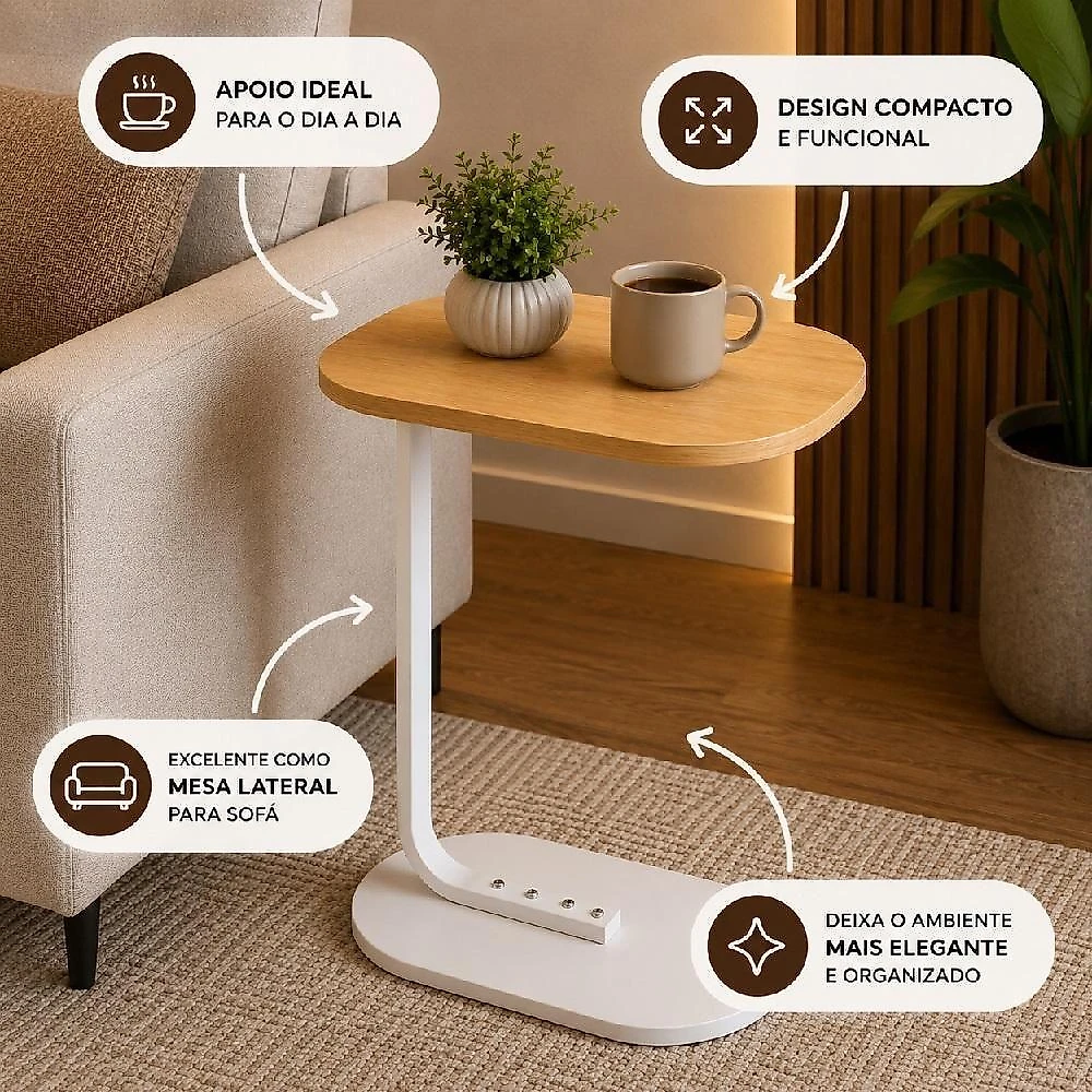 Mesa de Canto Lateral Estilo Industrial Tampo MDF Pés Madeira 45CM webcontinental-7908169041472
