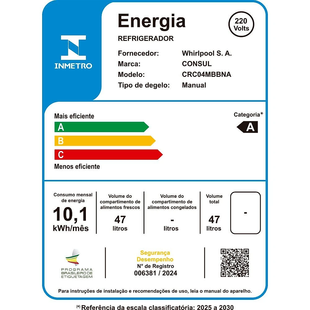 Frigobar CRC04MB com 1 Porta 47 Litros Consul Branco - 220V
