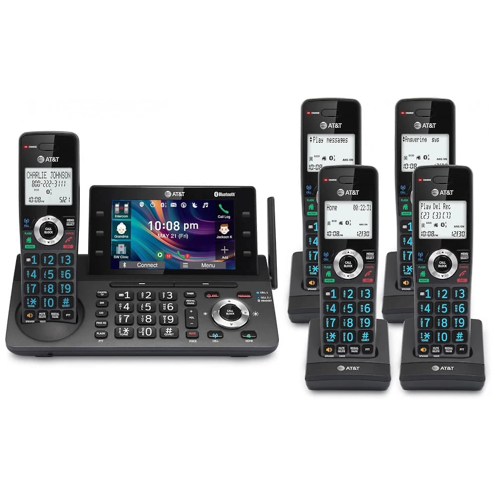 Telefone Sem Fio AT&T DLP73590 Grafite/Preto 5 Handsets DECT 6.0 com Tela Colorida 5", Bloqueador Inteligente, Connect to Cell Bluetooth