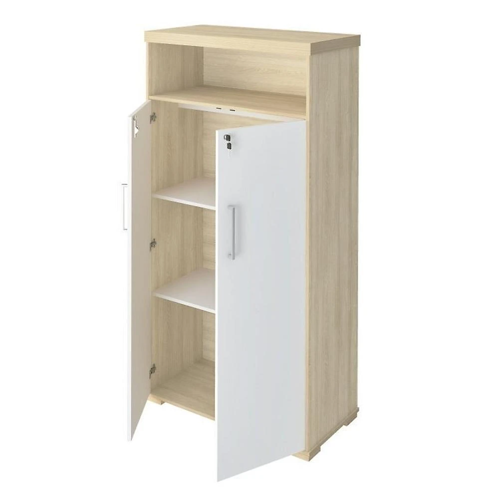 Kit 2 Peças com Mesa para Escritório Presidente em Tamburato e Armário Multiuso Alto Conjunto Para Escritório Executivo Mesa Tamburato Presidente E Armário Tamburato Com Nicho Carvalho/Branco
