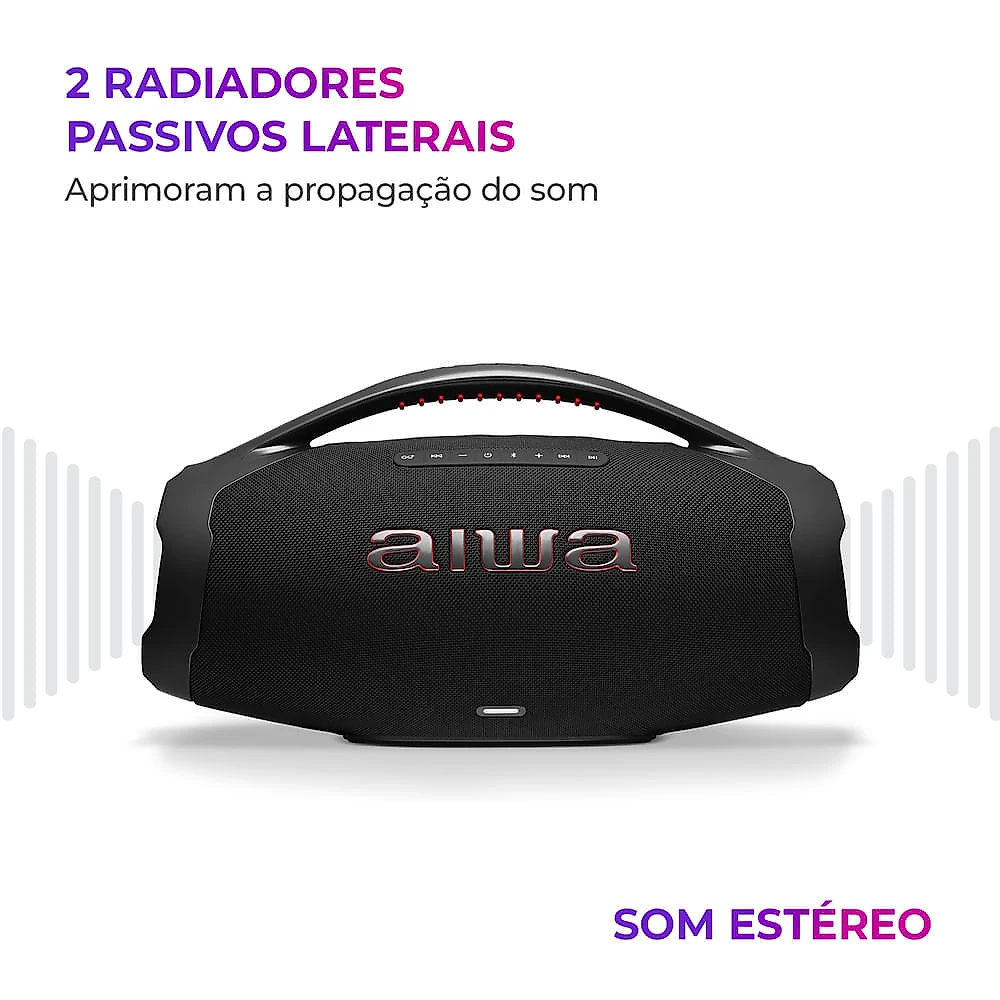 Miniatura Caixa de Som Boombox Plus AIWA BBS-01-B 200W Bluetooth 30H IP66 USB Preto BOOMBOX AWS-BBS-01-B BIVOLT