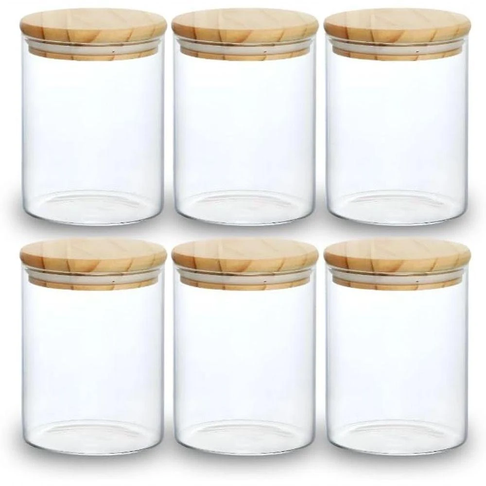 Kit 06 Potes para Mantimentos Herméticos 300ml Vidro com Tampa Bambu para Cozinha Bege