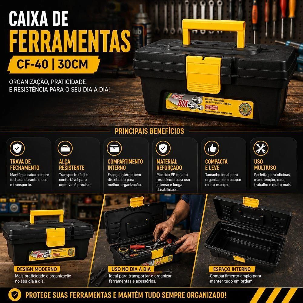 Caixa de Ferramentas CF-40 Plástica com Trava Alça 30cm Preta Yeet