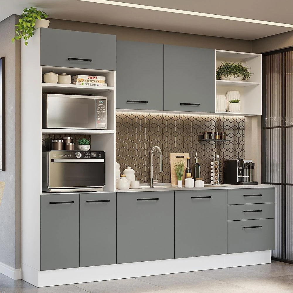 Armário de cozinha completa 250cm branco/cinza agata madesa 01