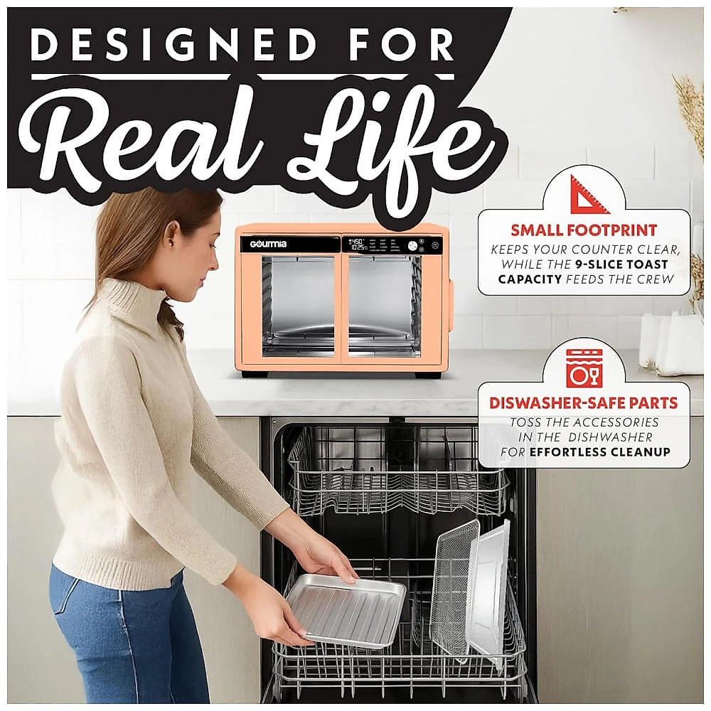 Gourmia Forno Air Fryer French Door 37 Qt Capacidade Grande, 12 Funções, Display Digital, Aço Inox Pêssego
