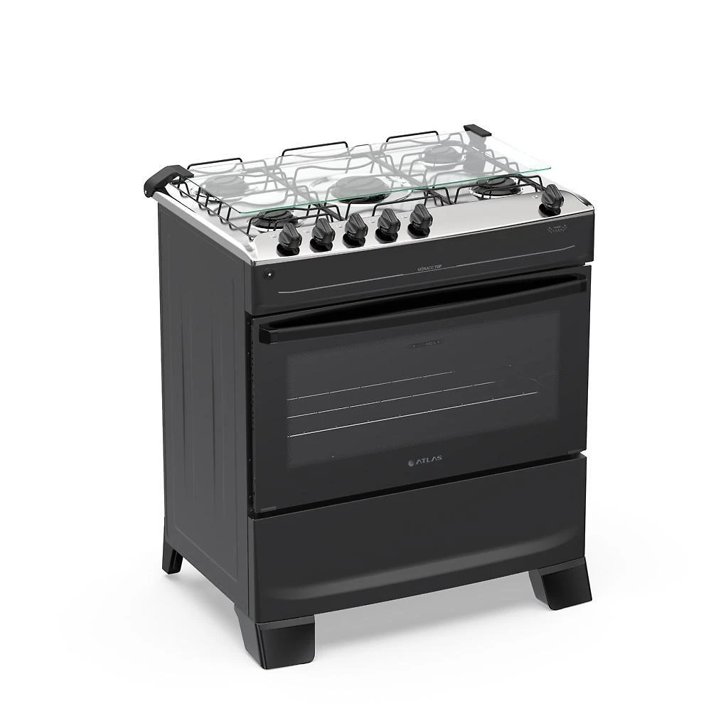 Fogão 5 Bocas Atlas Mônaco Top Com Mesa De Inox Gás Bivolt Preto