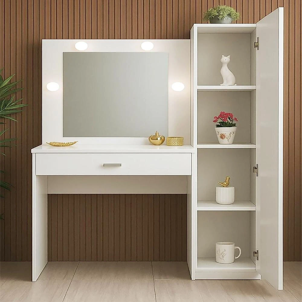Penteadeira Camarim com Espelho e Iluminação 1 Porta e 1 Gaveta Branco