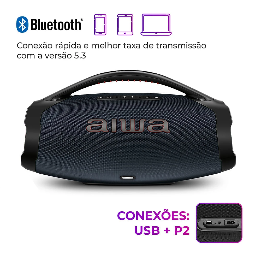 Caixa de Som Boombox Plus AIWA BBS-01-LBL 200W BT 30H IP66 USB RGB BOOMBOX C/ LUZES AWS-BBS-01-LBL BIVOLT