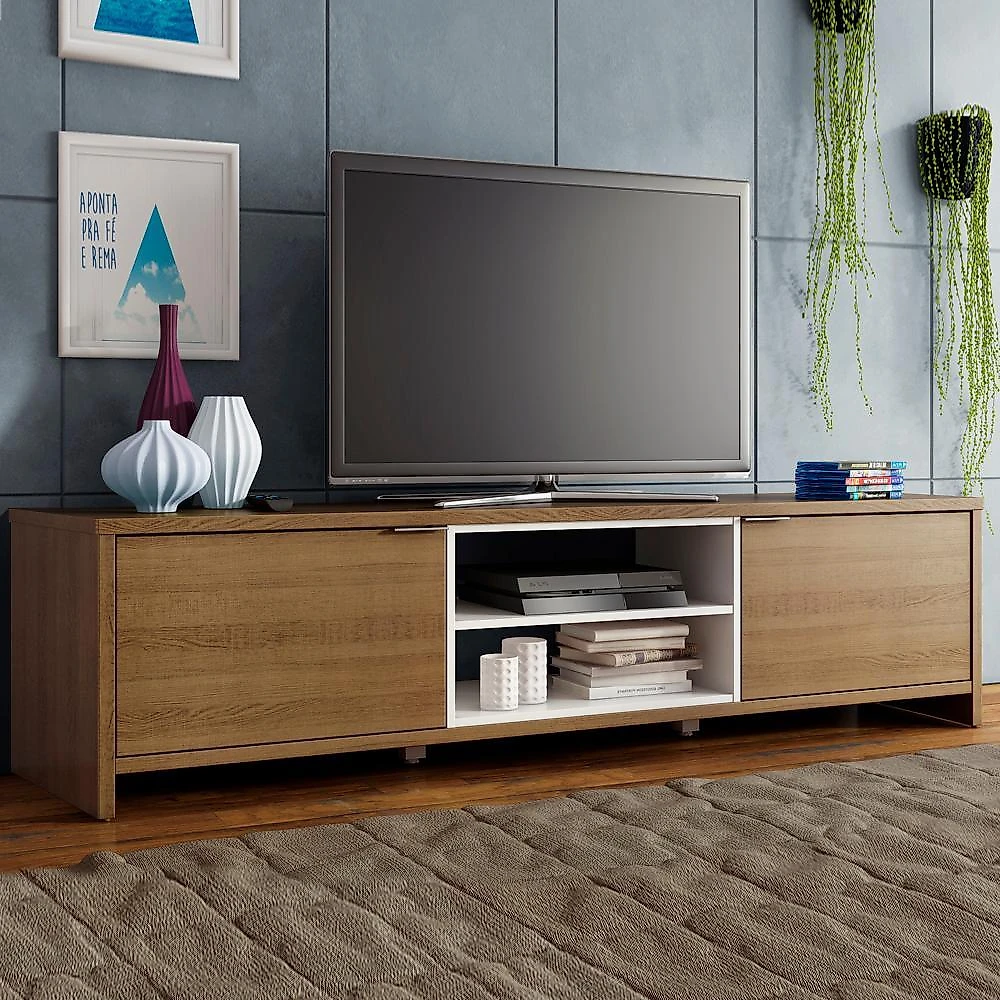 Rack para tv até 75 polegadas madesa metz 180 cm 2 portas - rustic/branco