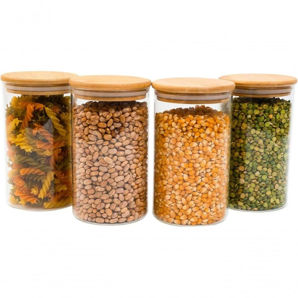 Kit 4 Potes de Vidro 1,1L com Tampa de Bambu Herméticos para Especiarias Café Snacks e Grãos