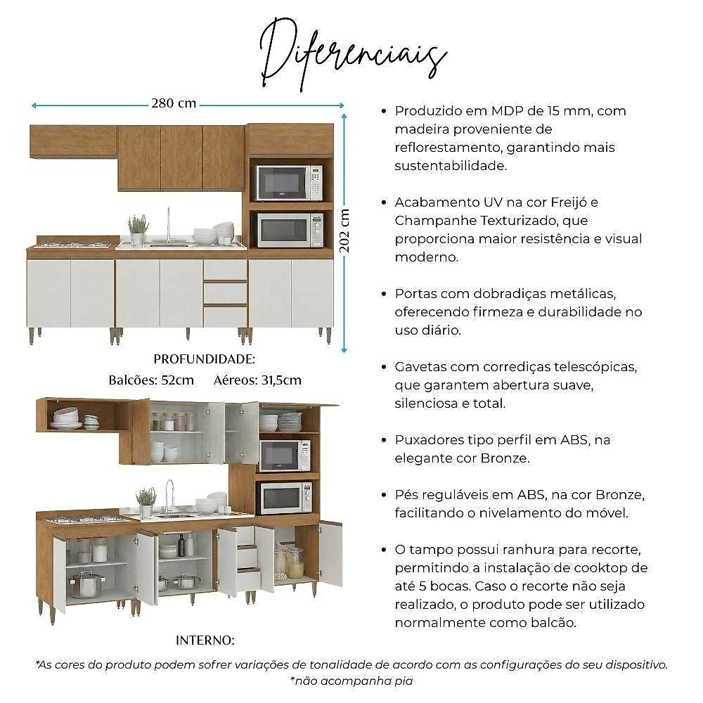 Cozinha Completa Paris 10 Portas 3 Gavetas MDP 280CM Freijó Branco