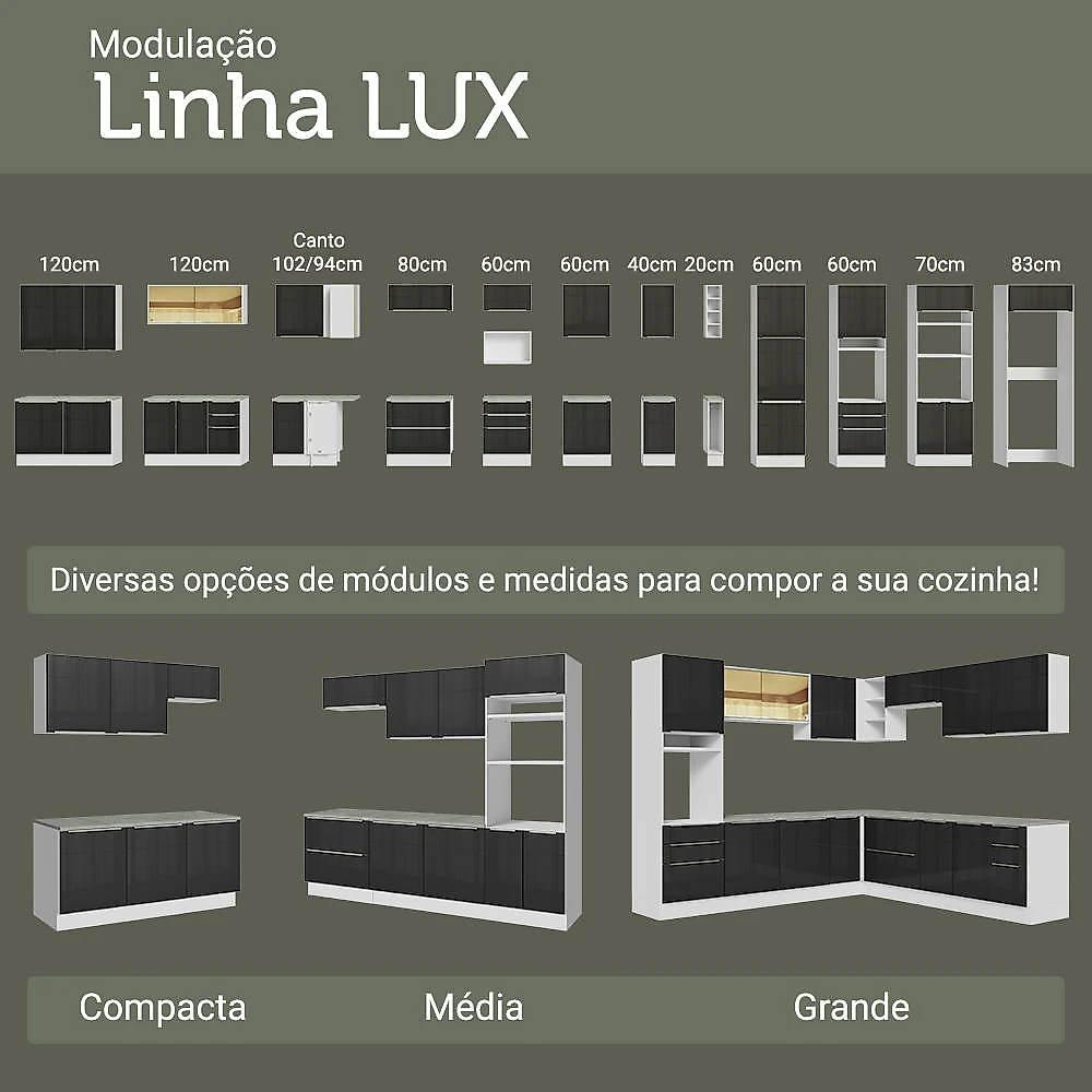 Armário de Cozinha Completa 350 x 60 cm Branco/Preto Lux Madesa 02