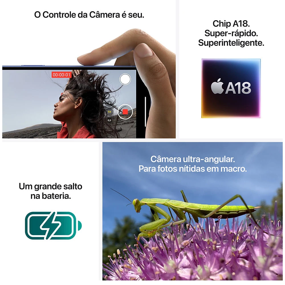 iPhone 16 Apple (128GB) Preto, Tela de 6,1", 5G e Câmera de 48MP Bivolt