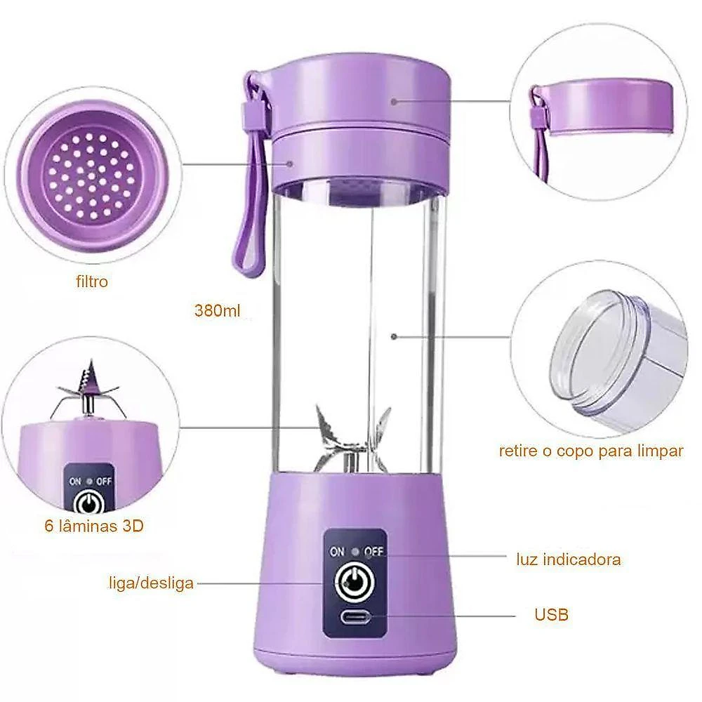 Mini Liquidificador Usb Recarregável 6 Lâminas 380ml