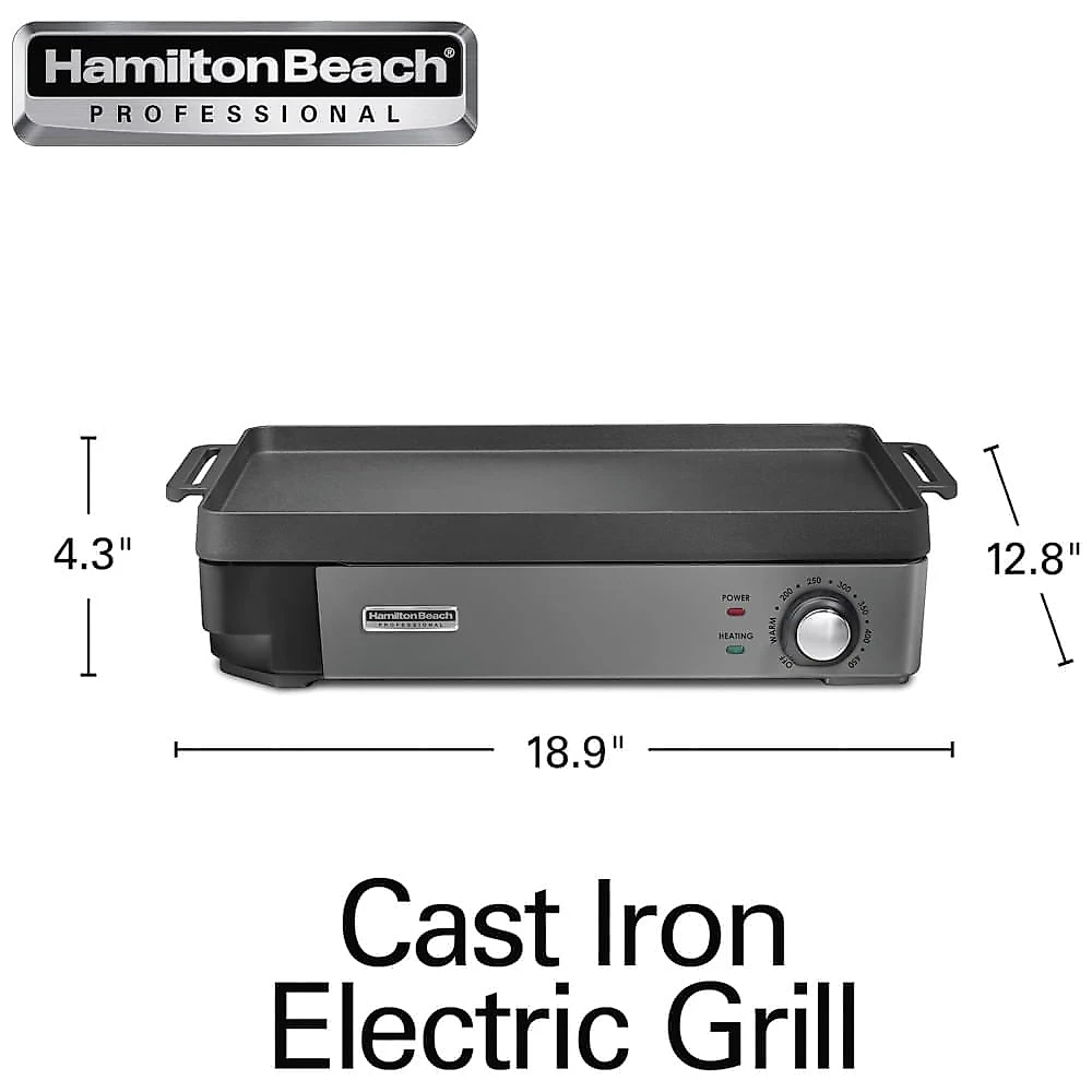 Churrasqueira Elétrica de Ferro Fundido Hamilton Beach Professional, 25 x 40cm, Antiaderente, Ajuste de Temperatura até 232°C, Preta 38560