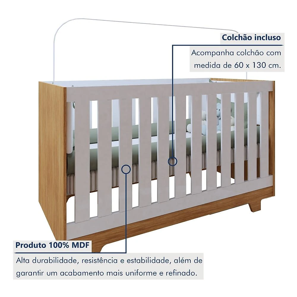 Quarto de Bebê 100% MDF Berço Minicama com Colchão, Cômoda e Guarda Roupa 3 Portas Life Branco/Ypê