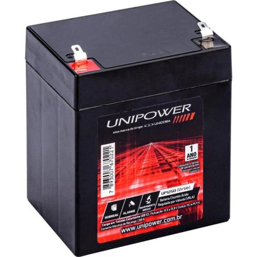 Bateria Estacionária Selada UP1250 12V 5AH VRLA AGM Preto Unipower