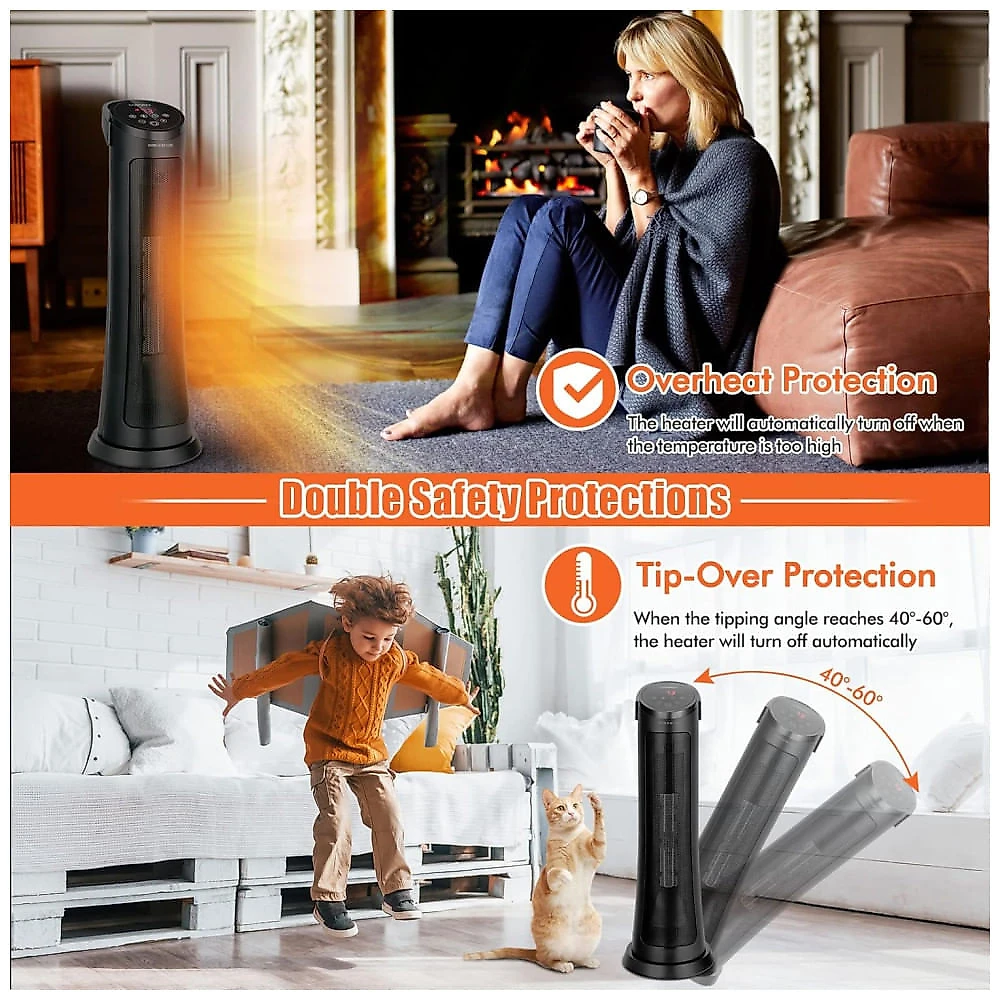 Aquecedor Cerâmico com Oscilação 60º e Proteção Contra Sobreaquecimento, 110V 1500W, COSTWAY, Preto