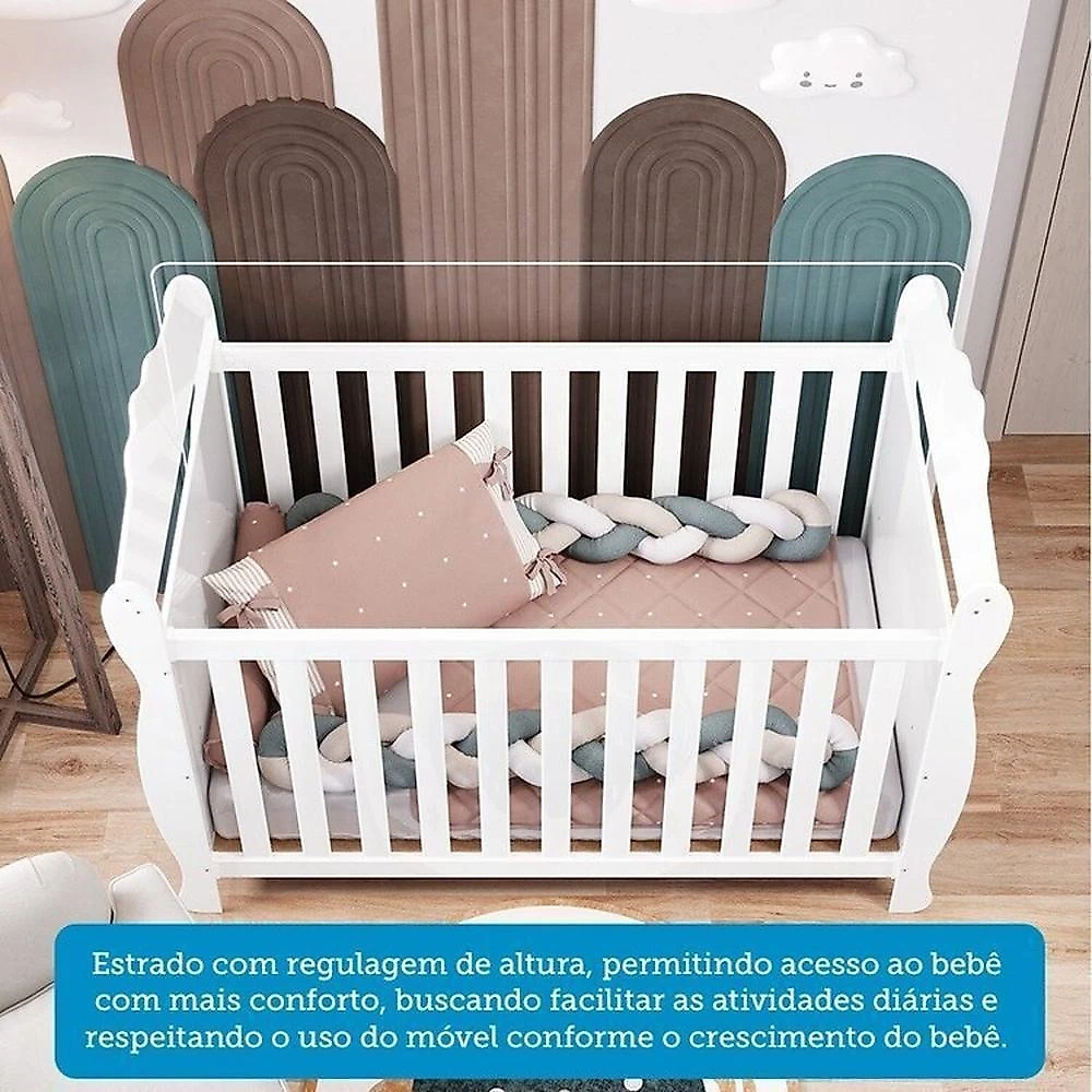 Quarto de Bebê com Guarda Roupa 3 Portas com Janelas e Berço Americano Nina 100% Mdf Espresso Móveis Branco Brilho