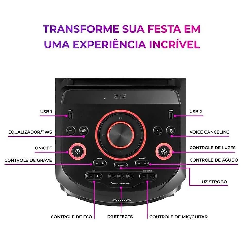 Torre De Som AIWA, RGB, Bivolt, Bluetooth 5.3, TWS, 2 Woofers 10, Preto - AWS-T2W-02
