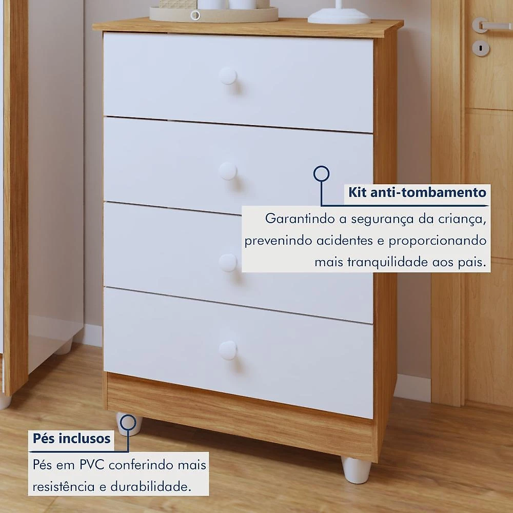 Quarto de Bebê 100% MDF Berço Minicama com Colchão, Cômoda e Guarda Roupa 3 Portas Life Branco/Ypê